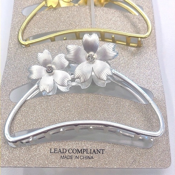 Brand New Natasha Set of 2 Metal Floral Rhinestone Gold & Silver Tone Hair Clips - Picture 7 of 15